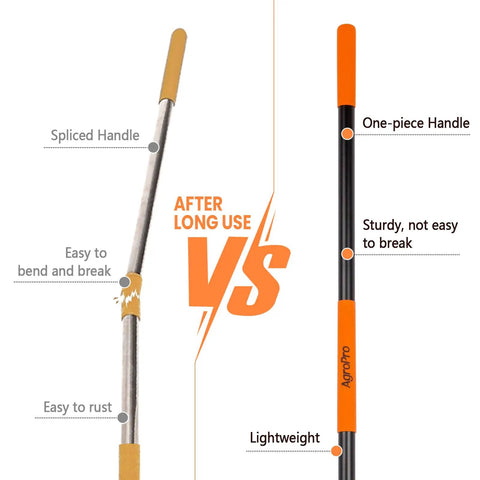 Comparison of long handle garden hoe for weeding highlighting spliced handle versus one-piece handle