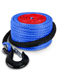 Beefy Synthetic Winch Rope 3/8 Inch By 100 Feet With Protective Sleeve And Heavy Duty Hook For 4x4 Off Road Jeeps Trucks SUVs ATVs UTVs UHMWPE 23800 Lb Tension Winch Line coiled with black hook and sleeve