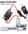 DC24V reciprocating linear actuator with remote control; silver metal actuator, controller module, end connector, and power supply.