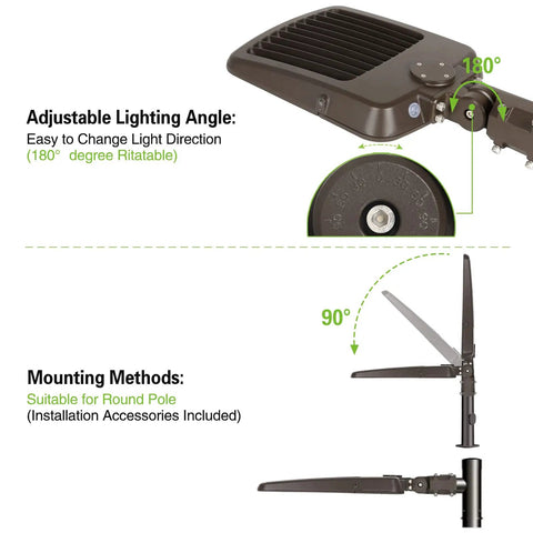 Total Game Changer Dusk To Dawn Led Parking Lot Light adjustable lighting angle and mounting methods for round pole installation.