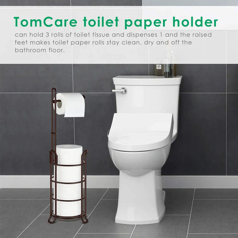 Must Have Bronze Standing Toilet Paper Holder And Dispenser With Mega Roll Capacity next to white toilet in bathroom