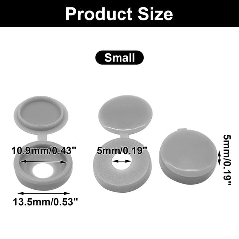Product size of No Brainer Hinged Screw Cover Caps in small gray build with precise dimensions displayed.