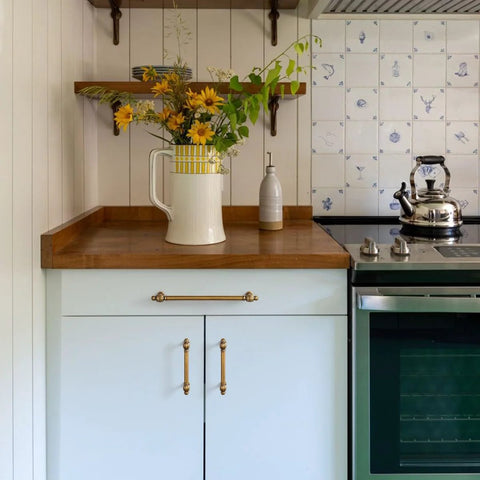 Kitchen with vintage decor featuring Six Pack Antique Brass Cabinet Pulls in Zinc Alloy for Kitchen and Furniture 5.04 Inch Center To Center 128mm.