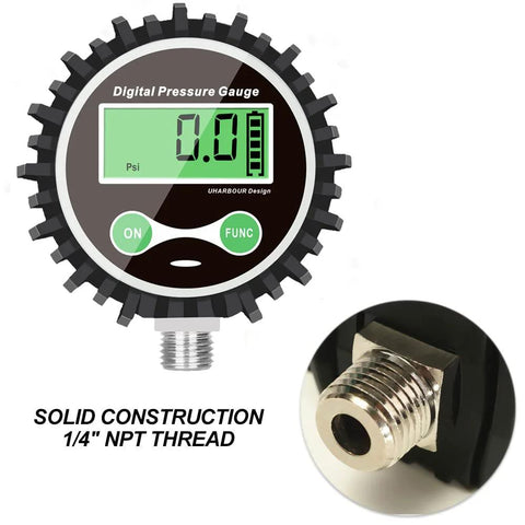 Front view of Uharbour digital air pressure gauge with rubber protector; 1/4'' NPT bottom connector.