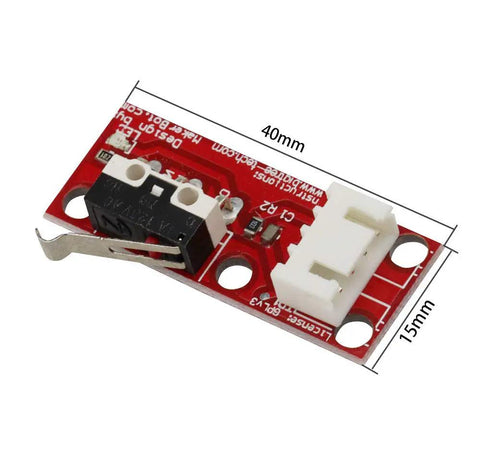 Close-up of a mechanical endstop switch for 3D printer RAMPS 1.4, size 40mm x 15mm, with 22AWG wire connection point.