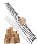 Heavy Duty Foldable Stainless Steel Gravity Conveyor Roller Table With Portable 5M Ramp angled with moving box and stacked boxes