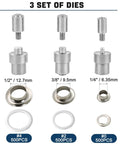 Three Die Hand Press Grommet Machine Kit with 1500 Eyelets showing interchangeable dies sizes 0, 2, and 4 for heavy duty use