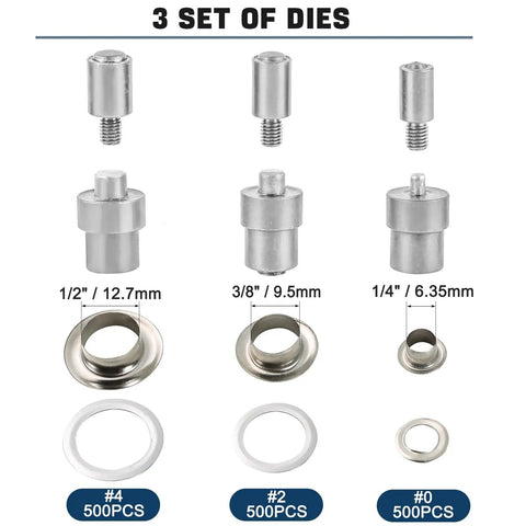 Three Die Hand Press Grommet Machine Kit with 1500 Eyelets showing interchangeable dies sizes 0, 2, and 4 for heavy duty use