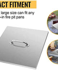 Round Fire Pit Lid 21 By 21 Inch With Handles, Durable Stainless Steel Cover for backyard and patio outdoor fire pits, displayed with fitment options