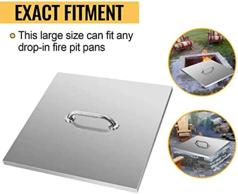 Round Fire Pit Lid 21 By 21 Inch With Handles, Durable Stainless Steel Cover for backyard and patio outdoor fire pits, displayed with fitment options
