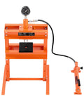 10 Ton H-Frame Hydraulic Shop Press With Plate And Base, orange heavy-duty tool for bending and straightening metal parts.