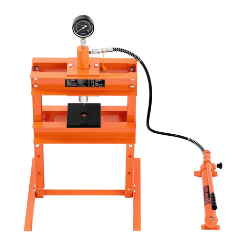 10 Ton H-Frame Hydraulic Shop Press With Plate And Base, orange heavy-duty tool for bending and straightening metal parts.