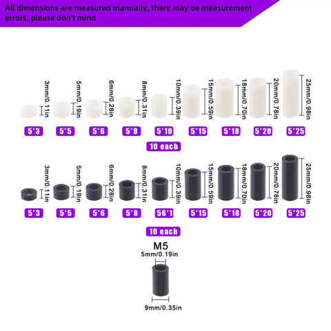 Top Shelf Nylon Spacer Standoff Hardware Assortment Kit 180 Pieces Black And White M5 Threaded Insulators showing size variations 3mm to 25mm.