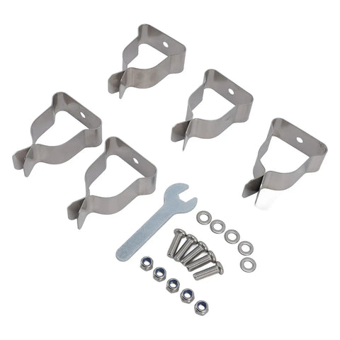 Ultimate 5 Piece Window Well Cover Hardware Kit Featuring Heavy Duty Spring Clamps And Zinc Plated Cold Rolled Steel For Super Secure Corrugated Metal And Plastic Well Covers With Wrench Included, 5 clamps and fasteners