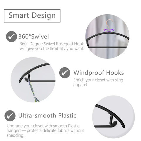 Heavy Duty Black Plastic Hangers Pack Of 50 With Rounded Shoulders That Prevent Bumps, Space Saving Hangers For Coats, Sweaters, Jackets And Pants, Rose Gold Hooks, Built In Accessory Bar For Ties And Scarves, Patent Design - closeup on hooks and bar