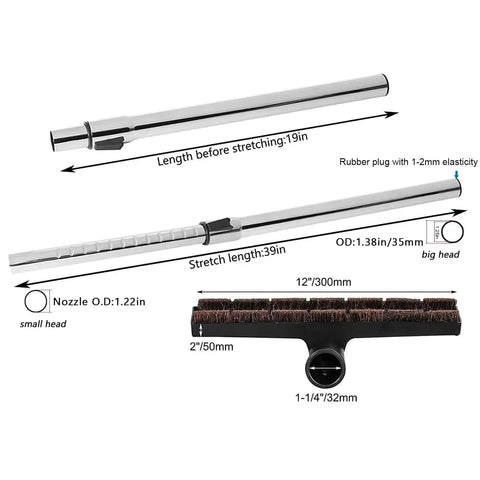 Hardwood Floor Vacuum Brush With 1-1/4 Inch Extension Wands Replacement Attachment For Most Vacuums showing dimensions and details.