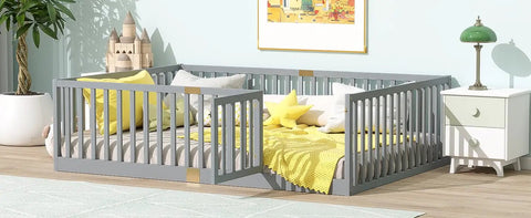 Full Size Floor Bed With High Safety Guardrail And Door For Toddler Transition, Rubber Wood Frame With 6 Support Slats, Grey Finish