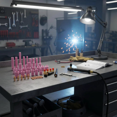 Solid Industrial Tig Torch Accessory Kit With Heavy Duty Consumables And Replacement Parts For Metal Fabrication and repair on a workshop table.