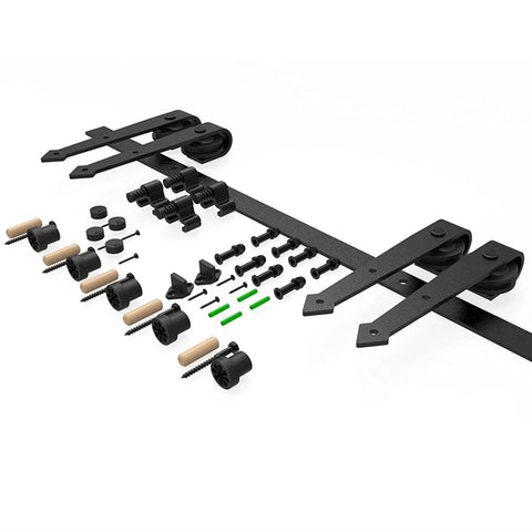 Heavy Duty Bypass Sliding Barn Door Hardware Kit For Double Doors With Single Track Carbon Steel Black Powder Coated