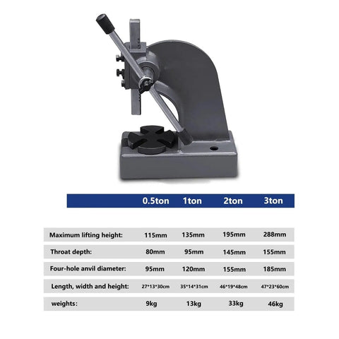 Tough As Nails Heavy Duty Desktop Arbor Press Featuring Solid Steel Lever Assembly, 0.5 ton, shown with dimensions and specifications.