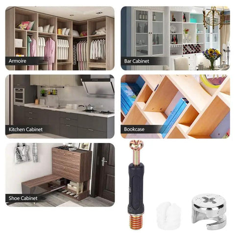 No Sweat Cam Lock Nuts And Connecting Screws With Eccentric Wheels For Furniture Assembly A Rock Solid 300 Piece Kit shown with cabinets styles.