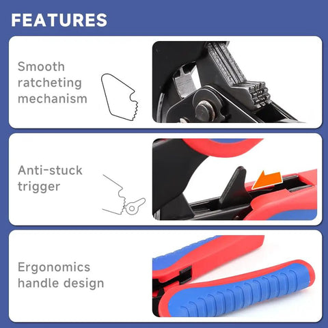 Pro Grade Ferrule Crimping Tool Kit For AWG 30 To 5 With 1200 Red Copper Terminals, showing ergonomic handle, ratcheting mechanism and anti-stuck trigger