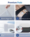 Alcedo TENS/EMS unit with premium adhesive gel pads; body-mounted pads, handheld control, and replacement pad stack.