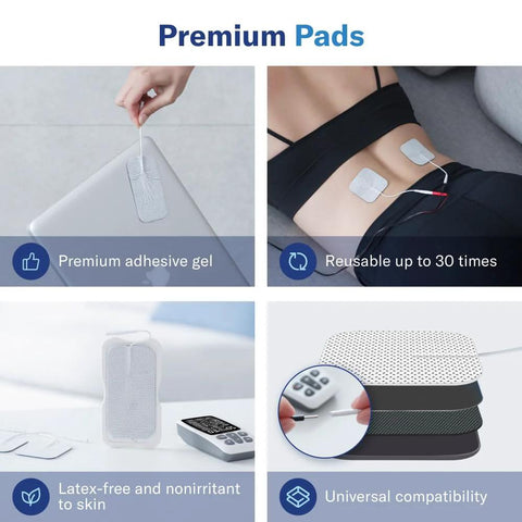 Alcedo TENS/EMS unit with premium adhesive gel pads; body-mounted pads, handheld control, and replacement pad stack.