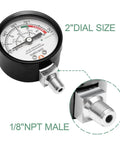 2 Inch Dial Pressure Cooker And Canner Gauge With Lower Mount In Black Steel Case Includes Gasket And Nut For Seriously Accurate Steam Pressure Readings From 0 To 30 Psi, close-up of the dial and 1/8 inch NPT male connector