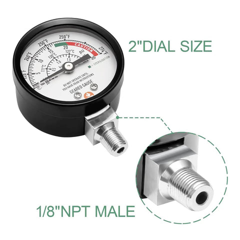 2 Inch Dial Pressure Cooker And Canner Gauge With Lower Mount In Black Steel Case Includes Gasket And Nut For Seriously Accurate Steam Pressure Readings From 0 To 30 Psi, close-up of the dial and 1/8 inch NPT male connector