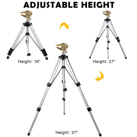 Heavy Duty Tripod Sprinkler Head Kit With 360 Degree Coverage For Lawn And Garden extended heights 16, 27, 37 inches.