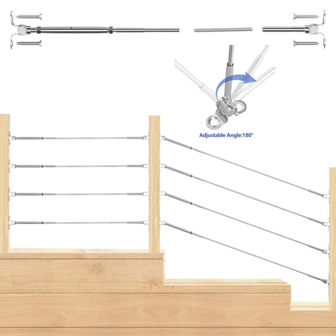 10 Pair Cable Railing Kit For Wood Posts With One Eighth Inch Stainless Steel Cable And Swage Toggle Turnbuckles Perfect For Decks And Stairs Adjustable Angles Up To 180 Degrees Easy Install For Multi Angle Railing Projects showing adjustable installations on a staircase