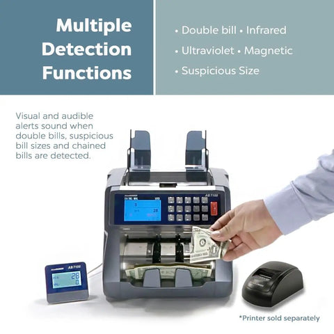 Person using Mixed Bill Value Counter For Cash Handling No Fuss Bank Grade Denomination Counter Machine With 5 Point Counterfeit Detector Count Add Holds 500 Bills Counts 1200 Bills Per Minute Includes ABCashroom Pro Software For Reports