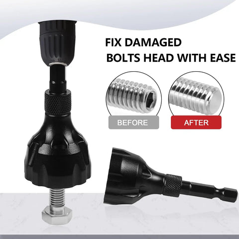 Heavy Duty External Chamfer Deburring Tool With Three Razor Sharp Tungsten Carbide Blades And Quick Change Hex Shank fixing damaged bolt head.