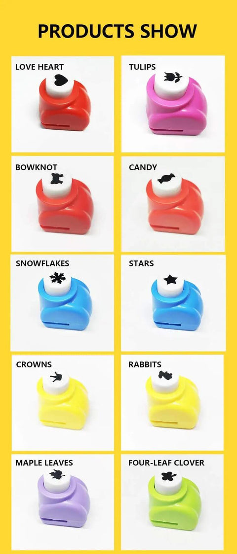 10 Piece Hole Punch Craft Set With Colorful Scrapbooking Shapes Including Snowflakes Hearts Crowns Four Leaf Clover Stars Candy Rabbits Tulips
