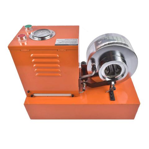 Heavy Duty Electric Hydraulic Hose Crimper 110V Portable Pipe Press Machine With Eight Quick Change Dies, side view showing details.