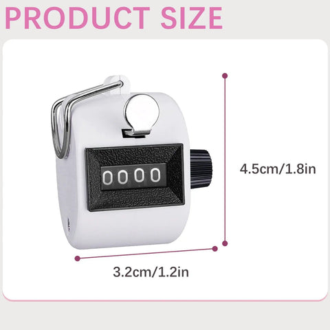 Set Of Two Mechanical Handheld Tally Counters With Lanyard Four Digit Battery Free Clicker For Inventory Tracking No Sweat Easy Grip Lightweight Body Dead On Accuracy Ergonomic Thumb Press Action Top Shelf Gear Dependable Day To Day Counting Tool size dimensions on white background.