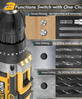 Mean Machine 20V Cordless Drill Driver Set Featuring 3/8 Inch Automatic Spindle Lock Chuck, showing functions for screw driving, flat drilling, and impact drilling.