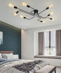 Eight Light Sputnik Ceiling Fixture In Matte Black Cool Industrial Chandelier Semi Flush Mount for bedroom.
