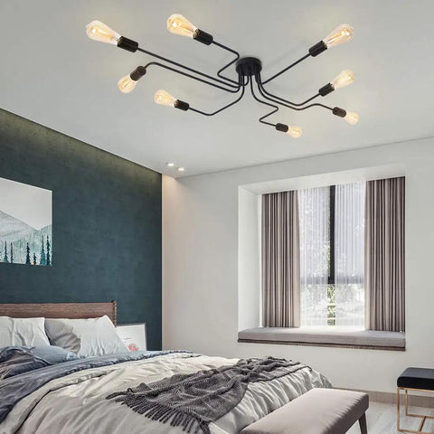 Eight Light Sputnik Ceiling Fixture In Matte Black Cool Industrial Chandelier Semi Flush Mount for bedroom.
