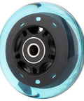 Close-up of 80mm 85A inline skate wheel showing ABEC-9 bearing and blue high-density PU material for smooth rides.