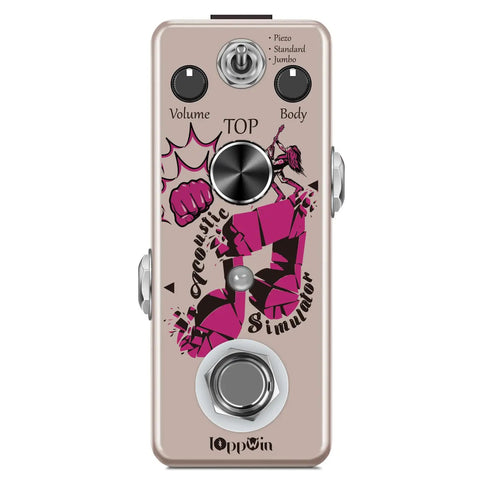 Top view of electric to acoustic guitar simulator pedal with 3 cabinet modes piezo standard jumbo sturdy metal housing