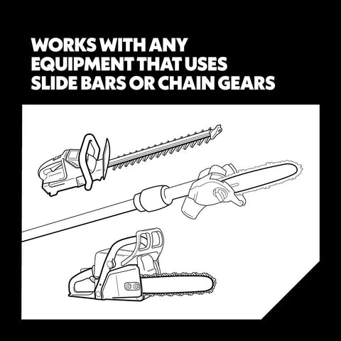 Illustration of chainsaw, hedge trimmer, and pole saw with text "Works with any equipment that uses slide bars or chain gears."