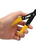 Hand holding Heavy Duty Rock Solid Electrician Wire Stripper Featuring Comfortable Grip And Spot On Single Hole Cutter.