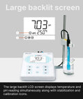 PH700 Benchtop pH Meter With 0.01 pH Accuracy Auto Calibration displaying readings and electrode in a beaker on lab bench