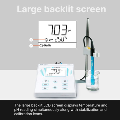 PH700 Benchtop pH Meter With 0.01 pH Accuracy Auto Calibration displaying readings and electrode in a beaker on lab bench
