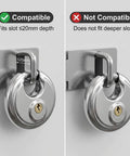 Beefy Heavy Duty Disc Lock With Three Eighths Inch Shackle, Steel Padlock showing fit compatibility on different slot sizes