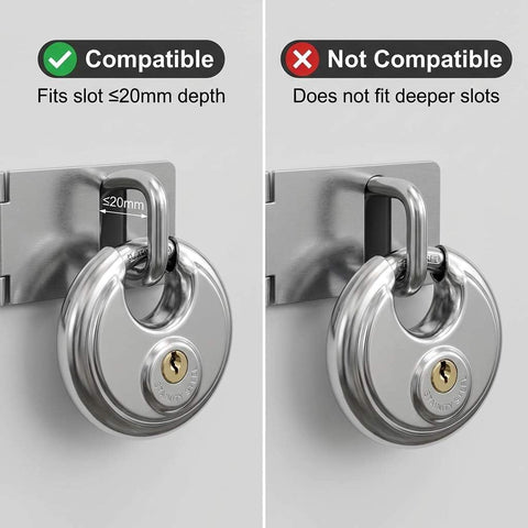 Beefy Heavy Duty Disc Lock With Three Eighths Inch Shackle, Steel Padlock showing fit compatibility on different slot sizes