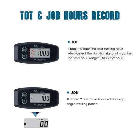 Cordless Vibration Hour Meter With Wireless Sensor Adjustable Sensitivity Levels Low Medium High Accurate Runtime Tracking And Triple Timer Alerts For Gear And Rig Maintenance And Preventive Servicing showing TOT and JOB hours