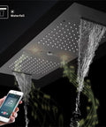 Top Shelf Ceiling Mount Digital Shower Kit With Brushed Gold Finish And Led Panel Offering Five Knobs Four Shower Settings Including Dual Rain Dual Waterfall Water Column And Handheld Wand with waterfall flow.